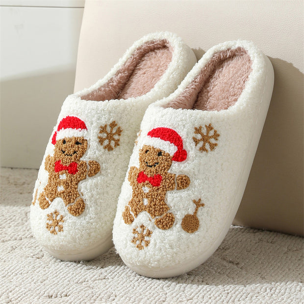 Christmas Snowflake Gingerbread Slippers Winter Indoor Non-slip Floor Bedroom Fuzzy House Shoes For Women Home Slippers - Bargin Bazaar