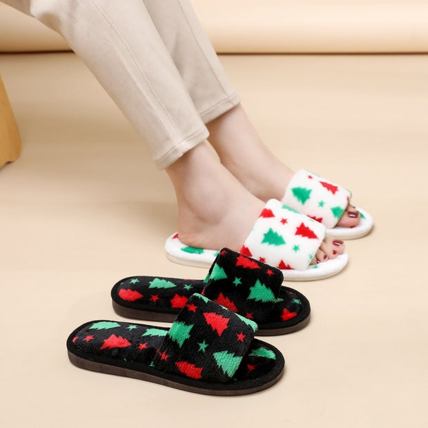 Christmas Tree Home Slippers Fashion Floor Bedroom Open-toe Plush Slippers For Women Fuzzy House Shoes - Bargin Bazaar