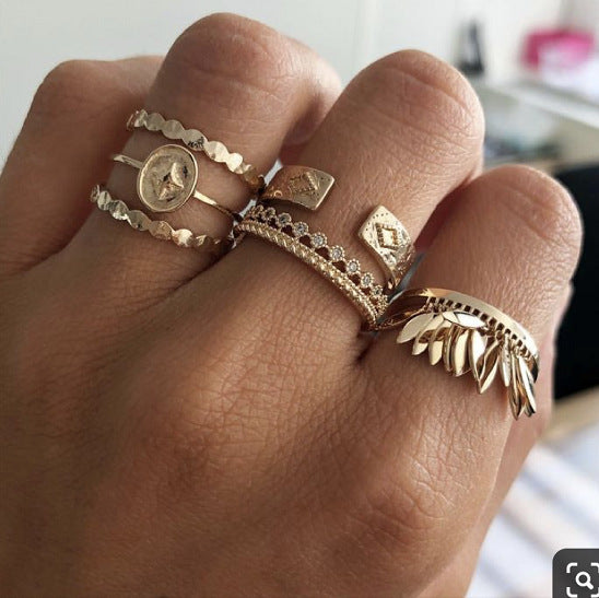 6-piece Ring Geometric Leaf Tassel  Ring - Bargin Bazaar