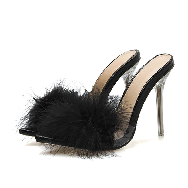 Woman Shoes Transparent Crystal High Heels Woman Feather Fur Slippers - Bargin Bazaar