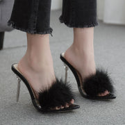 Woman Shoes Transparent Crystal High Heels Woman Feather Fur Slippers - Bargin Bazaar