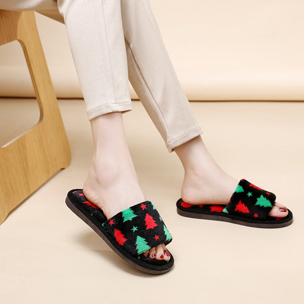 Christmas Tree Home Slippers Fashion Floor Bedroom Open-toe Plush Slippers For Women Fuzzy House Shoes - Bargin Bazaar