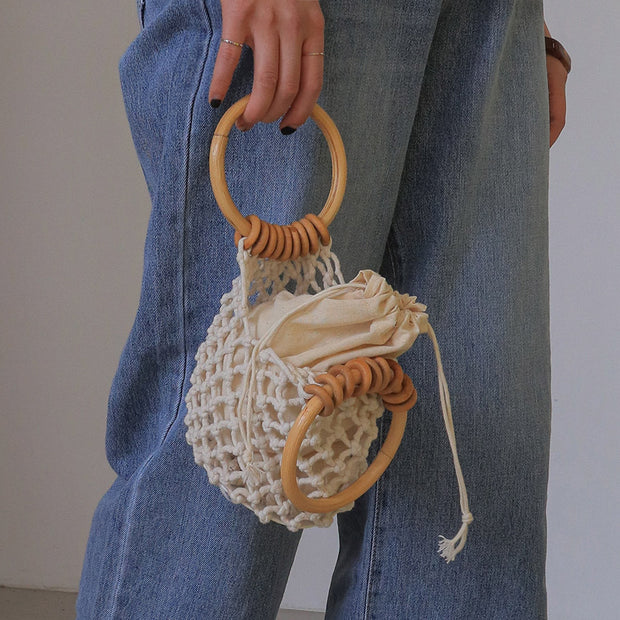 Woman Girl Fashion Woven Handbag Beach Style Wood Handle Drawstring Bucket Bag - Bargin Bazaar