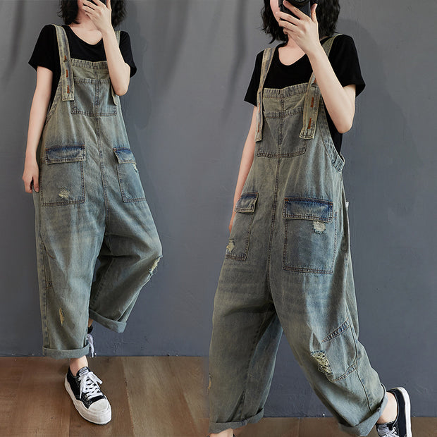 Women's Summer Retro Nostalgic Ripped Denim Overalls - Bargin Bazaar