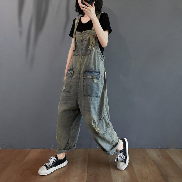 Women's Summer Retro Nostalgic Ripped Denim Overalls - Bargin Bazaar