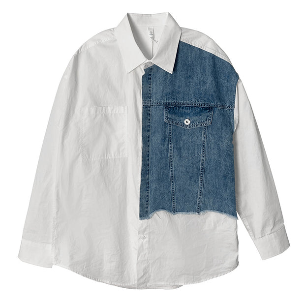 Longdaodao Spring New Denim Splicing Shirt Men"s Design