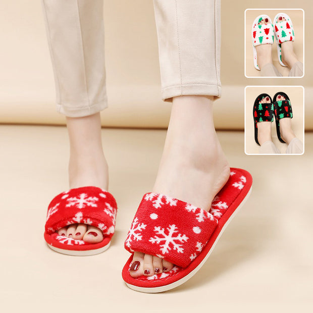 Christmas Tree Home Slippers Fashion Floor Bedroom Open-toe Plush Slippers For Women Fuzzy House Shoes - Bargin Bazaar