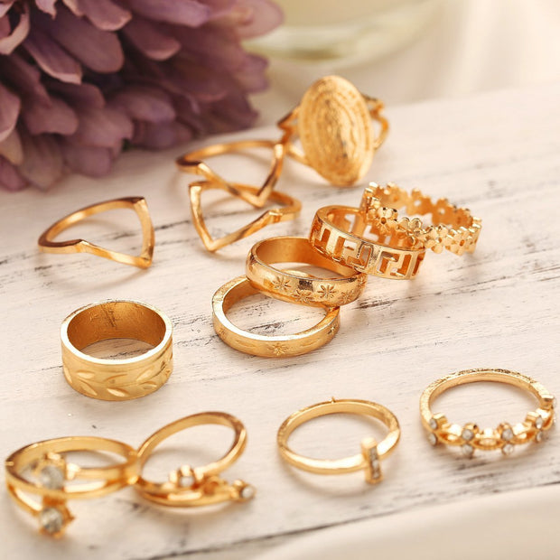 13 Piece Medallion Ring Set With Austrian Crystals 18K Gold Plated Ring ITALY Design - Bargin Bazaar