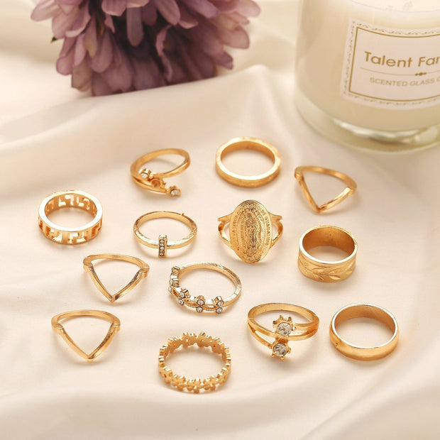 13 Piece Medallion Ring Set With Austrian Crystals 18K Gold Plated Ring ITALY Design - Bargin Bazaar