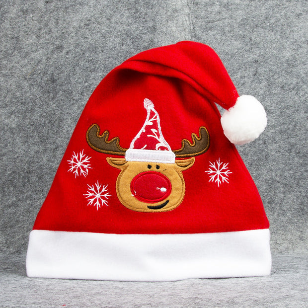 Cartoon Christmas Hat With Elk Santa Claus Embroidery Design Holiday Party Decoration Fuzzy Hat - Bargin Bazaar