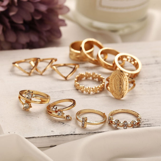 13 Piece Medallion Ring Set With Austrian Crystals 18K Gold Plated Ring ITALY Design - Bargin Bazaar