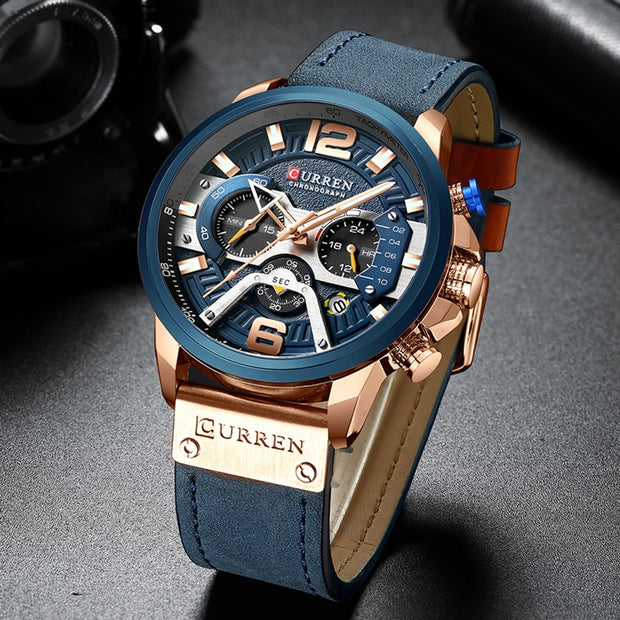 Military Leather Chronograph Wristwatch - Bargin Bazaar