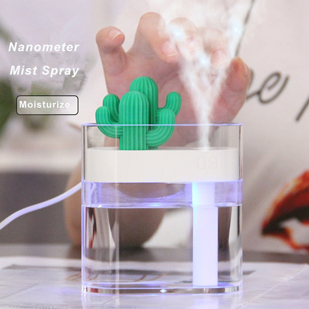 160ML Ultrasonic Air Humidifier Clear Cactus Color Light USB Essential Oil Diffuser Car Purifier Aroma Diffusor Anion Mist Maker - Bargin Bazaar